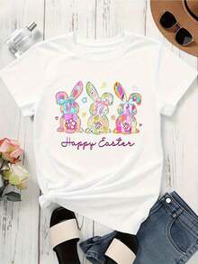 Women's Colorful Rabbit Easter Bunny T-Shirt, Spring Festival T-Shirt, Casual Daily Wear - 白色 - 查看 3