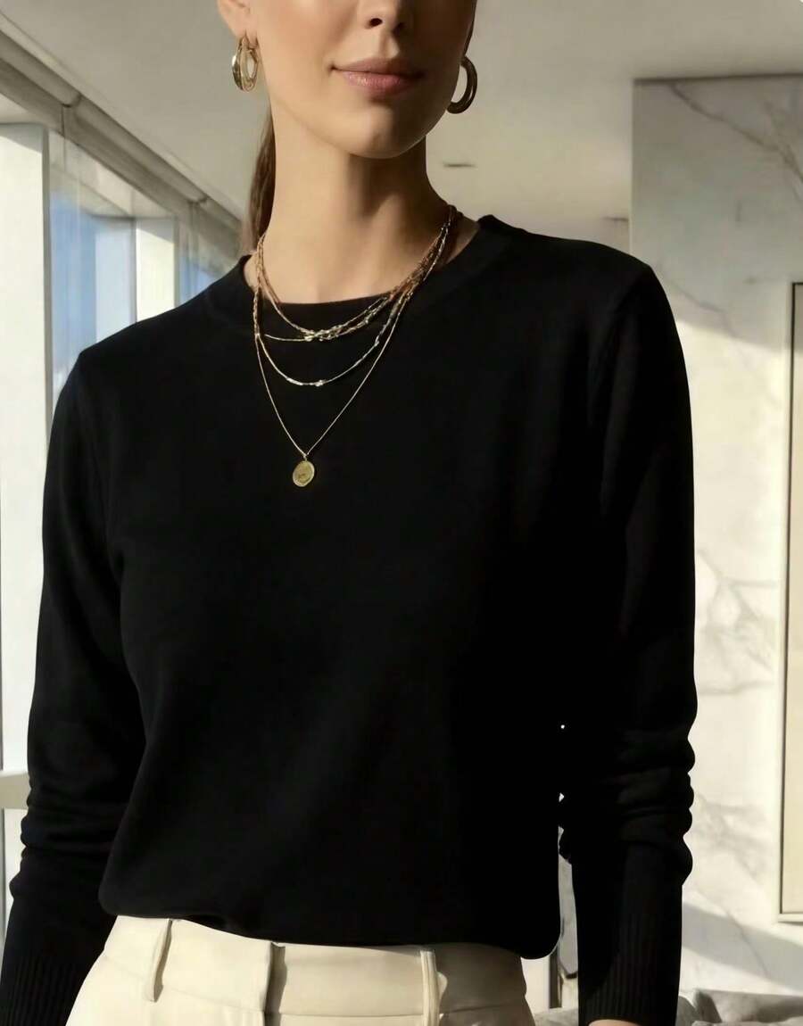 WOMEN'S LONG SLEEVE KNITTING BLOUSE WINTER BASIC ROUND NECK SWEATSHIRT - Black - View 1