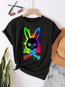 Rainbow Bunny Skull Crossbones Design Graphic T-Shirt For Women, Oversized Crewneck Tees Casual Wear, Spring Cotton Tops Short Sleeve, Summer Basic Tees, Funny Clothes For Women - 黑色 - 查看 2