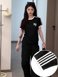 性感女孩必备！黑白条纹短袖修身露脐T恤，百搭显瘦，美式复古插肩袖条纹紧身露脐上衣，夏季必备，性感甜美休闲风 - 黑色 - 查看 2