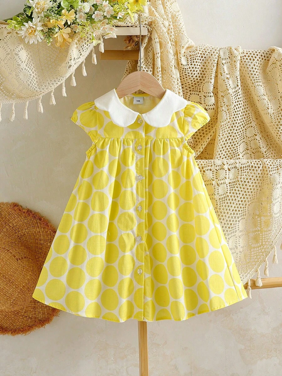 Young Girl Colorblock Circle Print Dress - Yellow - View 1