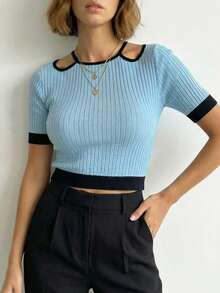 Women's Fitted Sleeveless T-Shirt, Made Of Twill Fabric, Casual/Minimalist/Elegant/Sexy/Streetwear/Y2K Style, Suitable For Office/Home/Streetwear, Cute Top, Elegant Apparel, Sexy Nightclub Style, Casual Summer, Summer T-Shirt, Cute Summer Top, Brunch Outfit, Casual Wear, Spring, Summer Top, Printed Blouse, Sexy Apparel - Baby Blue - View 6