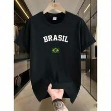 Brazil Print T-Shirt, Football Fan Shirt, 100% Premium Cotton, Premium Sports Look, World Cup, Brazilian Fan Color, Green And Yellow - màu đen - Xem 3
