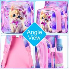 Tres piezas con estampado de gato rosa, equipado con una bolsa de almuerzo y un estuche para lápices. La bolsa de almuerzo se puede sujetar a la mochila. Adecuado para la escuela, los viajes y las mochilas de los niños. - Mochila - Ver 4