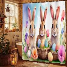 Easter Bunny Cartoon Shower Curtain Set, 1/3/4 Pcs, Waterproof Polyester Bathroom Decor With Hooks, Non-Slip Rug, U-Shaped Mat, Toilet Lid Cover, Lightweight Woven Art Partition, Suitable For All Seasons, Easy To Clean - Easter Home Accessories - A - View 14