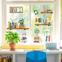 Books Window Clings 4 Sheets Back To School Reading Corner Study Bookshelf Globe Lamp Clock Stickers Decals Decor Cat Potted Plant Classroom Library Bedroom Home Decorations - BooksReading - View 2
