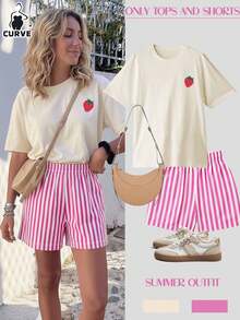 草莓印花女士加大码休闲宽松短袖T恤和条纹短裤两件套，女士套装，女式两件套，女士夏季套装，度假装，旅行装，沙滩风，简约度假装，优雅 - 杏色 - 查看 2
