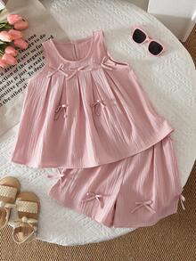 bearleader Bộ đồ hè 2 món cho bé gái, áo không tay màu hồng trơn có nơ và quần short xếp ly, trang phục thường ngày. - Hồng - Xem 1