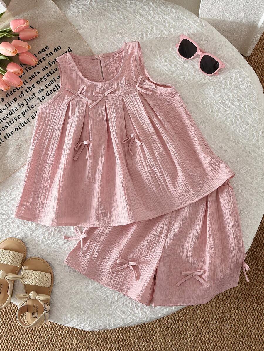 bearleader Bộ đồ hè 2 món cho bé gái, áo không tay màu hồng trơn có nơ và quần short xếp ly, trang phục thường ngày. - Hồng - Xem 1