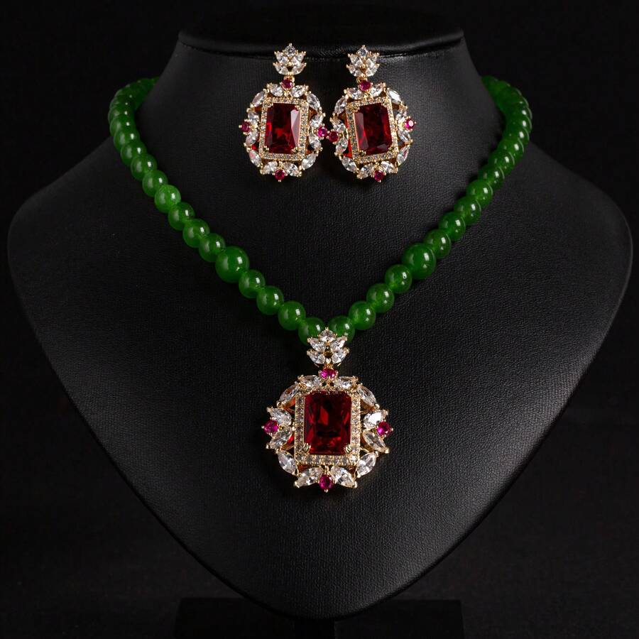 3件套/1套水晶彩色宝石吊坠项链耳环套装，时尚奢华，适合女士聚会或宴会佩戴。