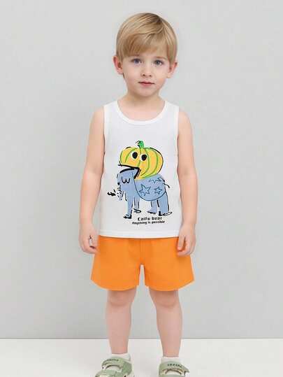 Bộ 2 món áo không tay và quần short cho bé trai, in họa tiết, chất liệu nhẹ, thích hợp cho mùa hè, các hoạt động thể thao ngoài trời, chạy bộ, phù hợp cho bé trai và bé gái từ 4-12 tuổi.