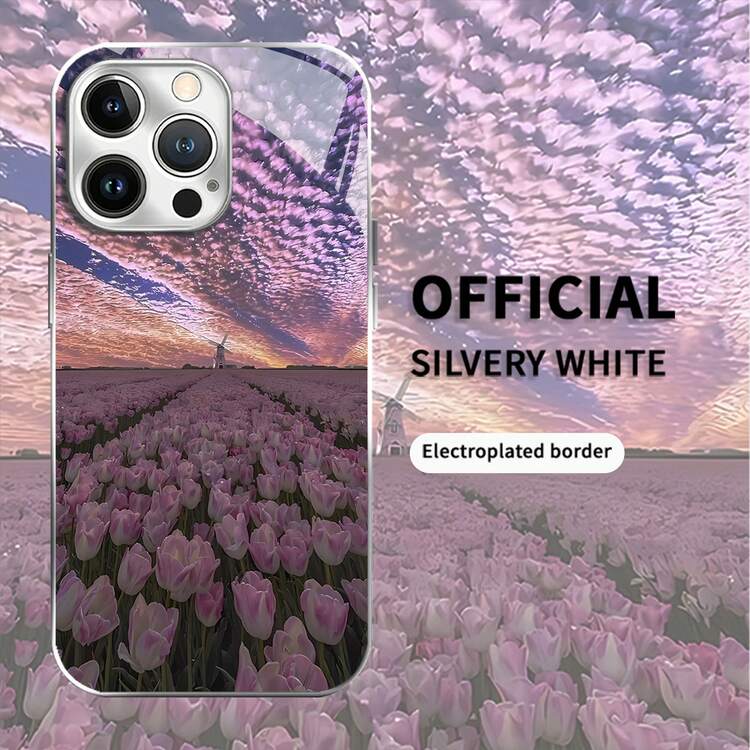 Hermoso cielo con tulipanes rosas y molino de viento. Esta elegante funda es compatible con los modelos  17, 16, 15, 14 Pro Max, 13, 12, 11, XR y XS Plus. Fabricada en silicona TPU, ofrece protección contra golpes y caídas, además de una sensación superior. Es un regalo ideal para familiares, amigos y seres queridos, y una opción perfecta para San Valentín.fundas para ,fundas,accesorios para celular,fundas para celular,fundas para  13,funda  13,funda  16,funda  17 pro max,funda  15,fundas para  16,fundas  11,fundas ,tulipanes,Vidrio galvanizado - Plateado - Añade 3