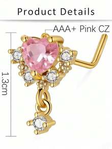 1颗粉色锆石心形鼻钉，时尚鼻饰，适合女性日常佩戴、派对和节日场合。 - 金色 - 查看 3