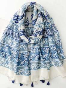 1pc Women's Headscarf, Blue & White Porcelain Wave & Geometric Pattern Balinese Chiffon Tassel Shawl - Multicolor - View 8