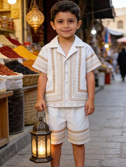 XUMPLO 2pcs/Set Young BoyCasual Striped Digital Print Cardigan Shirt & Shorts Set, Everyday & Holiday Wear