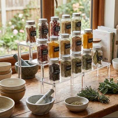 מארגן מטבח אקרילי שקוף הניתן לערום, מדף רב תכליתי לתבלינים, כלי אוכל, בושם, פסלונים וקינוחים | אחסון על משטח עבודה, ארונות וקיר