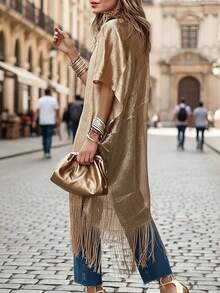 Spring/Summer/Autumn Mesh Beach Sheer Coverup, See-Through Vacation Sun Protection Cover Up, Fringe Knit Shawl Cover Up, Casual Street Wear Cover Up Top, Light Dress Coverup, Party/Commute Fringe Cover Up, Holiday Beach Swimsuit Cover-Up - Gold - View 7