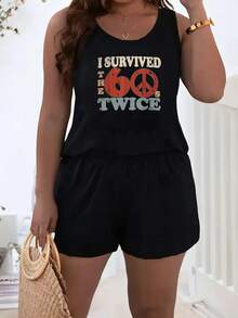 Plus Size Womens Casual Outfits Two Piece Set - I Survived The Sixties Twice Print Fashion Black/Orange/Pink 2pcs Sleeveless Vest Tank Shorts Set - 黑色 - 查看 1