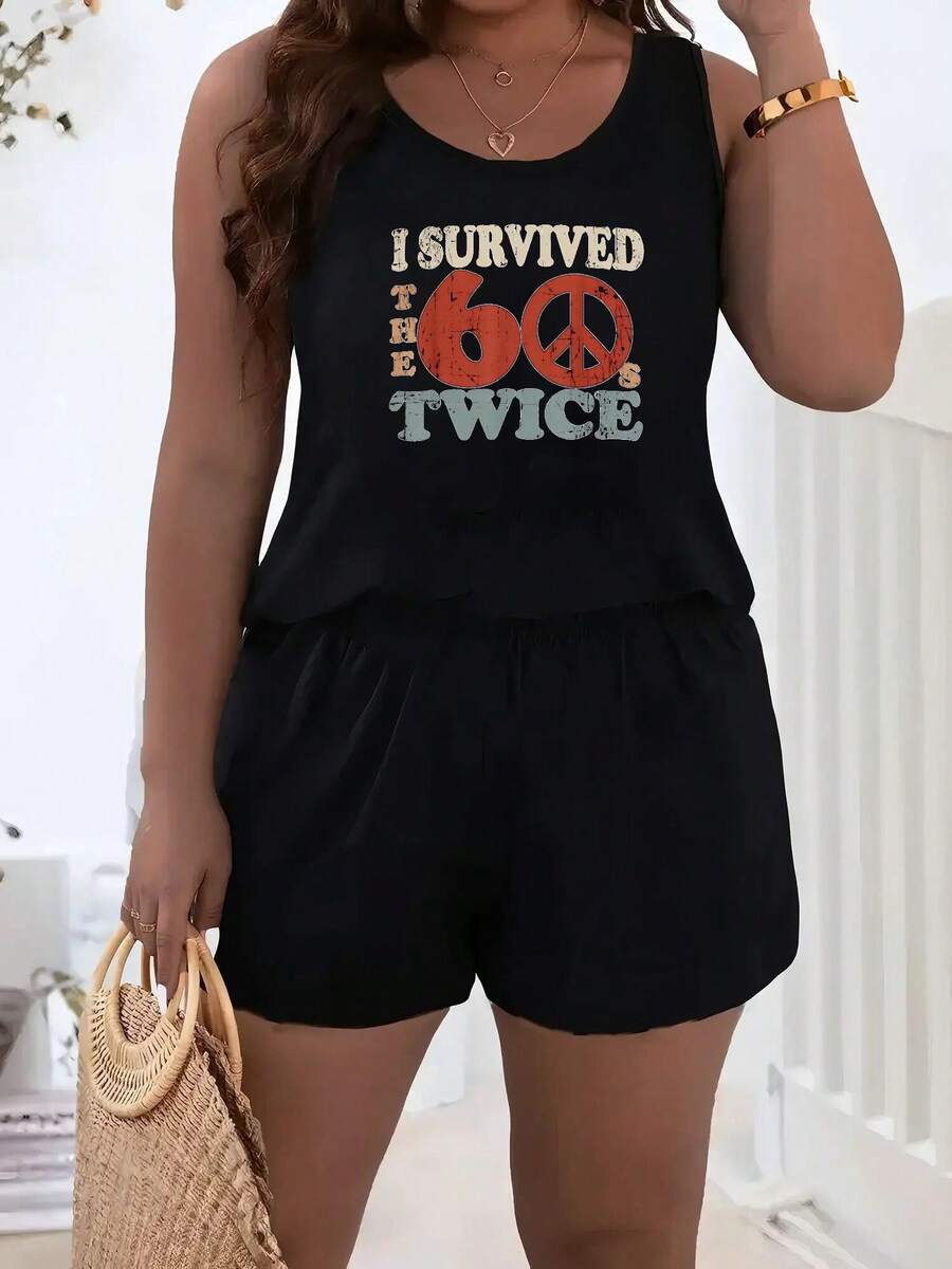 Plus Size Womens Casual Outfits Two Piece Set - I Survived The Sixties Twice Print Fashion Black/Orange/Pink 2pcs Sleeveless Vest Tank Shorts Set - 黑色 - 查看 1