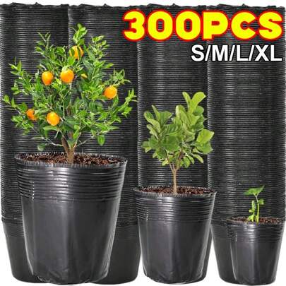 300 Pcs Disposable Black Plastic Planting Flower Pot, Lightweight Durable Seedling Nursery Pots Seed Starting Grow Cup Nutrition Bowl, Multipurpose Gardening Tools For Indoor Outdoor Home Garden Balcony Seed Raising Supplies