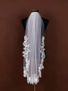 1pc 1 Meter Long Lace Applique Bridal Veil, Single Layer, With Metal Hair Comb, Elegant Minimalist, Suitable For Women's Wedding Dress Accessory Valentine's Day Accessories - 白色 - 查看 11