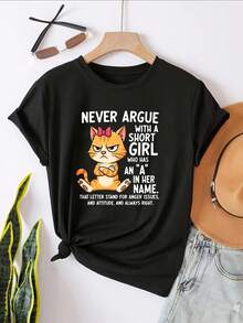 Never Argue With Short Girl   Who Has A In Her Name   That Letter Stand For Anger Issues   And Attitude And Always Right Graphic T-Shirt For Women, Oversized Crewneck Tees Casual Wear, Spring Cotton Tops Short Sleeve, Summer Basic Tees, Funny Clothes For Women - màu đen - Xem 2