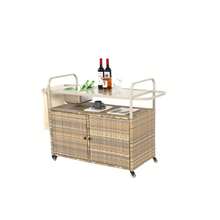 Mesa de bar para exterior, carrito de bar de mimbre con gabinete, carrito de servicio para patio con cubierta de acero, con una hielera, ruedas bloqueables, canasta lateral para jardín, piscina y patio trasero, beige - Caqui - Ver 5
