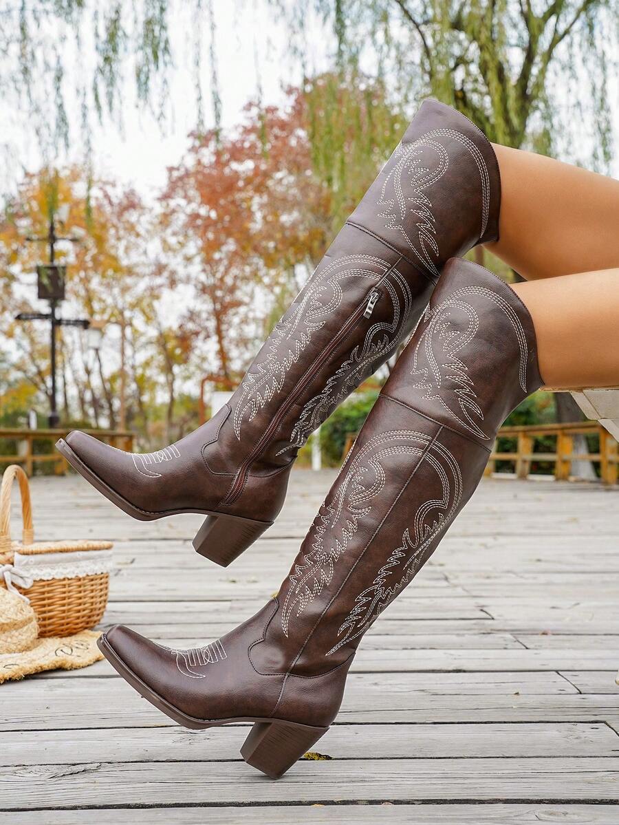New Embroidered Thick Heel Square Toe Side Zipper Retro Western Boots For Women - Brown - View 1