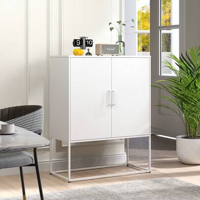Metal Side Cabinet, Storage Cabinet – 2 Shelves, Separate Steel Cabinet, Magnetic Door, Anti-Tip, Living Room, Kitchen, Office, White, H 109 Cm * W 85 Cm * D 40 Cm