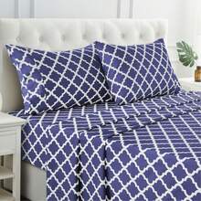 Lux Decor 4-Piece Quatrefoil Bed Sheet Set, Soft Brushed Microfiber Bedding With 16-Inch Deep Pocket Fitted Sheet, Breathable Hotel Luxury Sheets And Pillowcases, Fade And Wrinkle Resistant Bedding For Bedroom, Guest Room And Dorm - 海軍藍和白色 - 查看 2