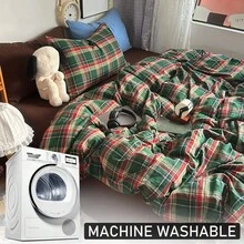 2/3pcs Vintage Green & Brown Plaid Washed Cotton Duvet Cover Set, Minimalist & Fashionable Bedding Set, Suitable For All Seasons, Dorms, Guest Rooms, Soft & Breathable, Machine Washable (1 Duvet Cover + 1/2 Pillowcase, No Filler) - Green - View 7