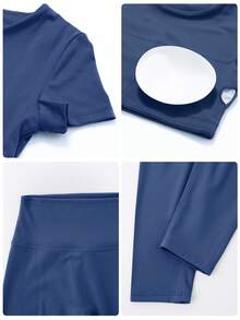 NcmRyu 一套女士圆领可拆卸垫肩紧身短袖上衣和打底裤运动服套装 - 藏蓝色 - 查看 4