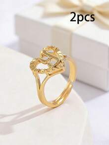 2pcs Elegant Hollow Heart & Letter Adjustable Rings, Fashionable Jewelry Gifts Suitable For Women, Girlfriends, Wives, Mothers, Families And Friends On Birthdays, Anniversaries And Other Occasions - Yellow Gold - View 13
