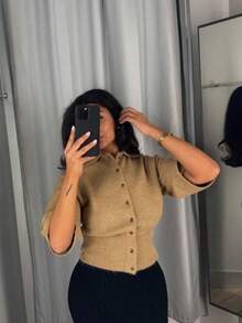 FOR BEAUTY Spring/Summer New Brown Lapel Loose Half Sleeve Knit Cardigan, Women's Fashion Elegant Minimalist Casual Lazy Outerwear Top - Brown - View 4