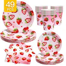 Strawberry Print Disposable Plate, Napkin, Cup Set, Plates, Napkins And Cups Party Supplies, Serves 8 Guests, Disposable Paper Plates Party Tableware Suitable For Birthday, Wedding, Theme Party, Family Picnic - Multicolor - View 1