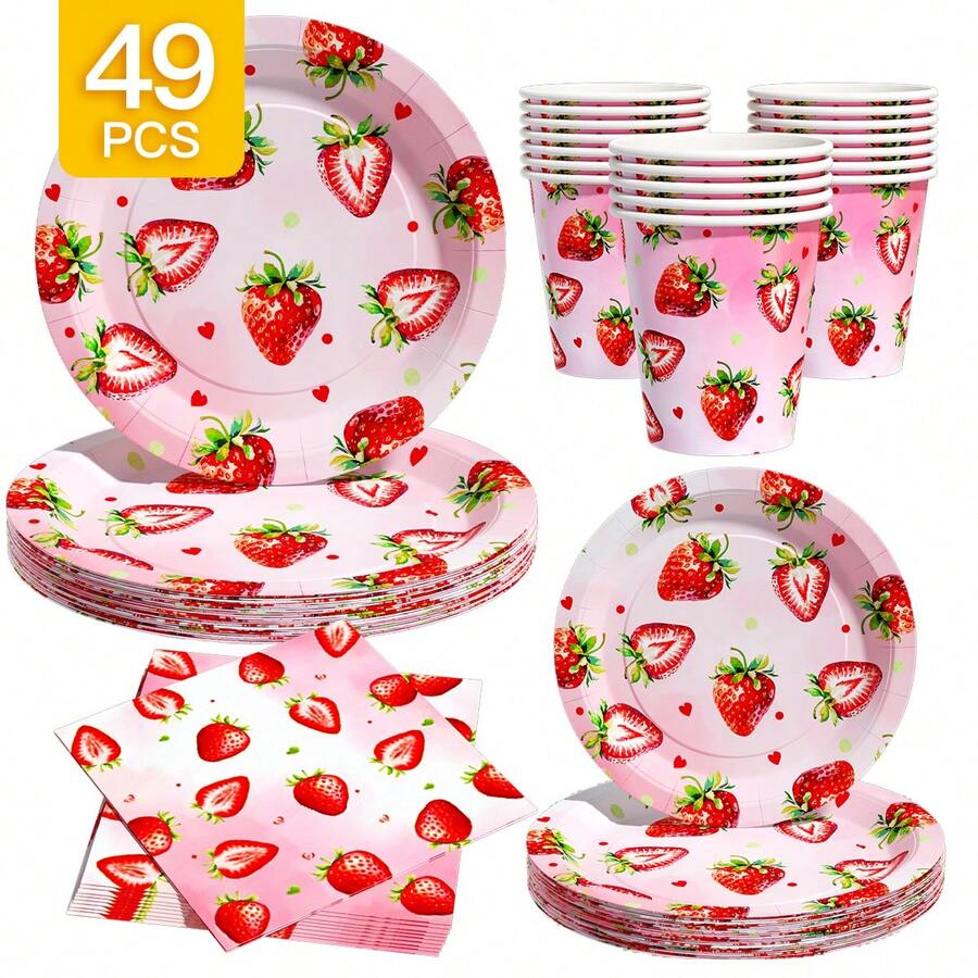 Strawberry Print Disposable Plate, Napkin, Cup Set, Plates, Napkins And Cups Party Supplies, Serves 8 Guests, Disposable Paper Plates Party Tableware Suitable For Birthday, Wedding, Theme Party, Family Picnic - Multicolor - View 1