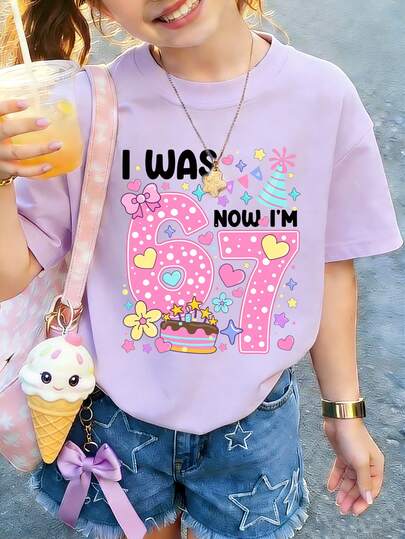 Tween Girl "I WAS 6, NOW I'M 7" Creative 6-7 Birthday Element Print, Suitable For Birthday Gift Clothing, Activity Wear, Daily Wear, Birthday Party Outfit - Ideal Gift For Girls' Birthday Celebration, Fashionable Summer Top For Girls