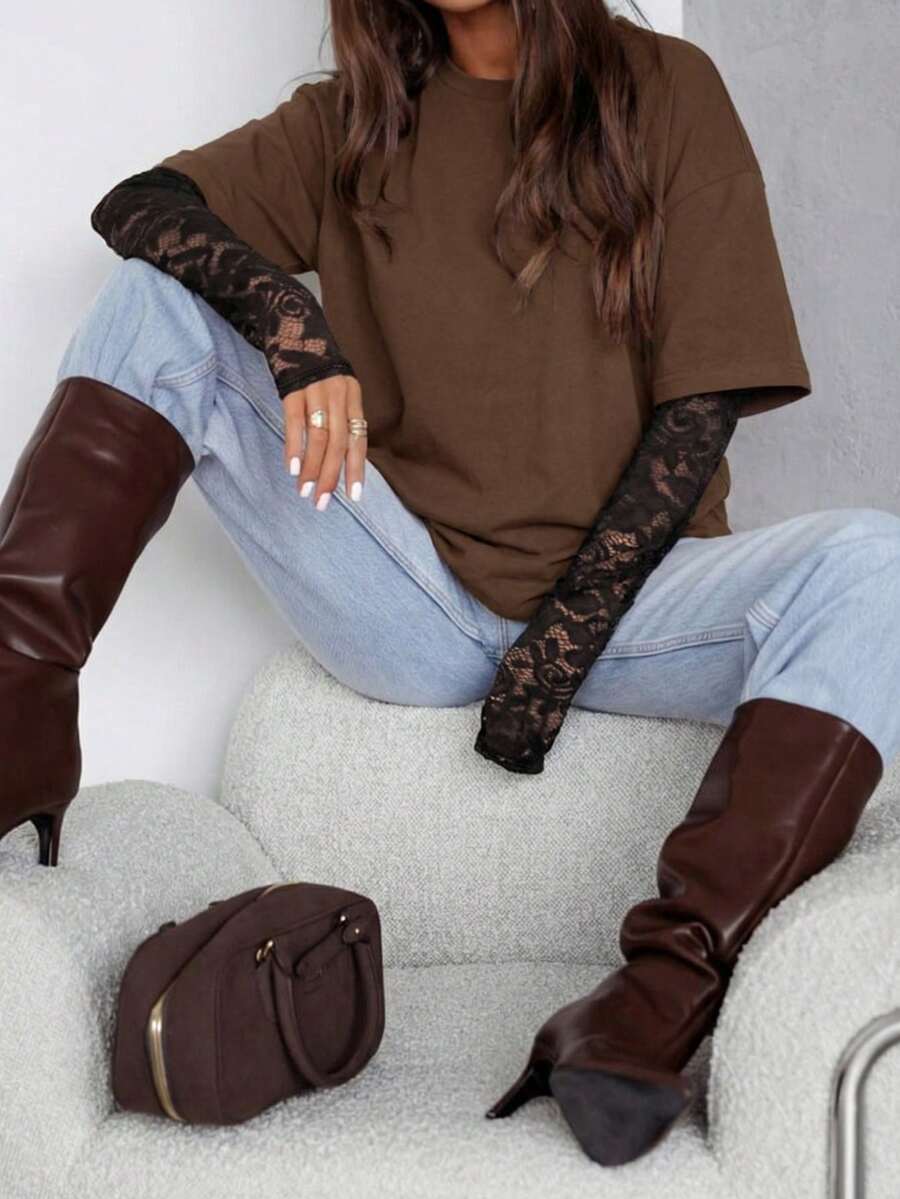 复古宽松T恤+蕾丝长袖小众叠层性感甜美风修身女式休闲上衣 - 棕色 - 查看 1
