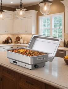 Set de buffet con bandeja eléctrica para chef, 2 bandejas de servicio y calentamiento de 4.5 QT, con pantalla digital de temperatura, bandeja de calentamiento de acero inoxidable para comida en fiestas y mesas de vapor para alimentos comerciales - Plateado - Ver 7