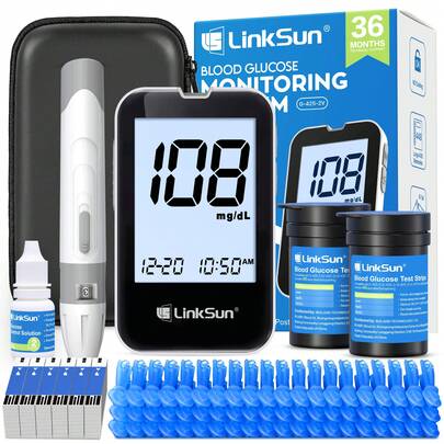  LinkSun G-425-2V Blood Glucose Monitor Kit, 100 Test Strips, 100 Lancets, High Accuracy Blood Sugar Monitor, Lancing Device, Control Solution & Travel Diabetic Organizer Bag, Large Display, No Coding