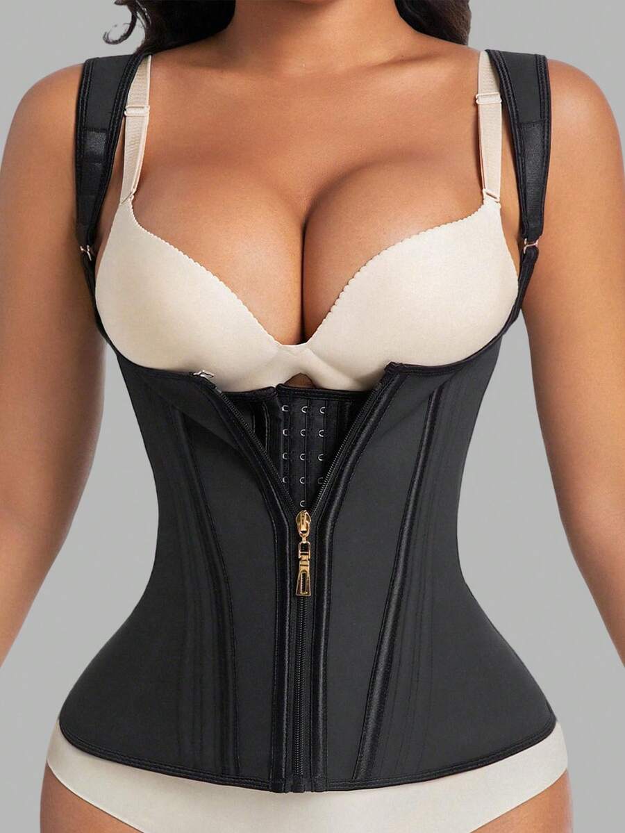 Body Shaper Shapewear Women Double Tummy Control Compression Waist Trainer Corset Adjustable Zipper And Hook-Eyes Flat Belly - 黑色 - 查看 1