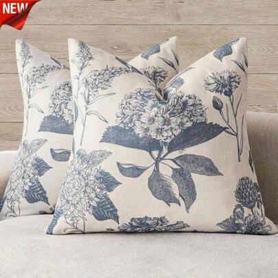Double Sided Without Insert Farmhouse Boho Spring Floral  Pillow Covers Set Of 1/2, 18x18 Inch Vintage Blue Neutral Accent Print For Outdoor Porch Garden Sofa, Throw Cushion Covers Bedroom Living Room Patio Home Decor Gift