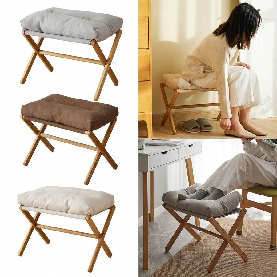 UnderDesk Footstool Chair Stool Rectangle Padded Rest Seat Pouffe Bamboo Legs - Multicolor - View 1