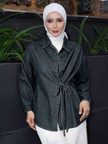 DAZY 女式前扣前系带长袖牛仔上衣 - 深色水洗藍 - 查看 4