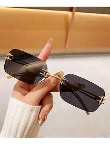 1 Pair Black & Gold Metallic Frameless Retro Chic Fashion Glasses, Unisex Design Suitable For Street Style, Driving, Vacation, Beach, Runway, And Daily Wear - Black - View 4