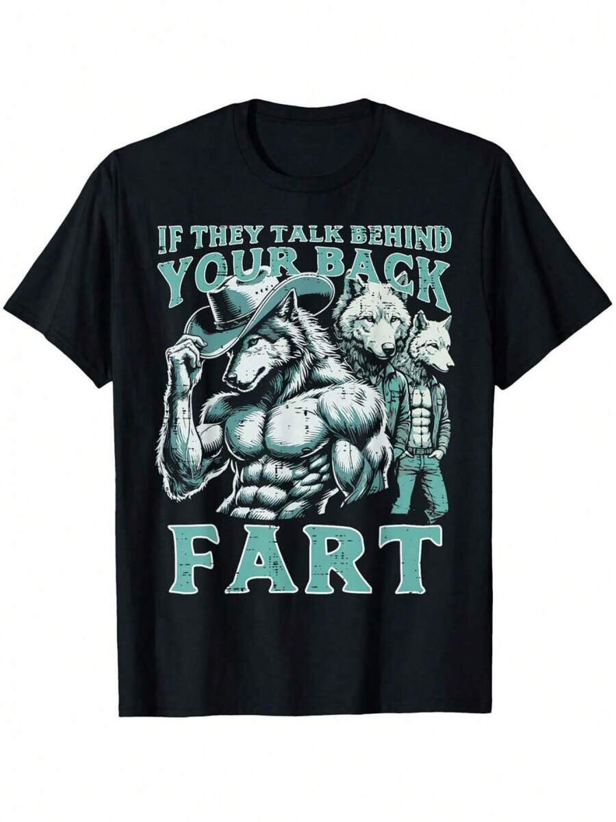 Funny Dynamic T-Shirt - "Are You Talking Behind My Back?" Wolf Head Print Unisex Casual Round Neck Summer Outfit, Fun Slogan Design, Machine Washable, Easily Start A Conversation - 黑色 - 查看 1