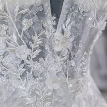 Deep V-Neck Romantic Lace Wedding Dress, Embroidered Floral Details, Minimalist Design - White - View 3