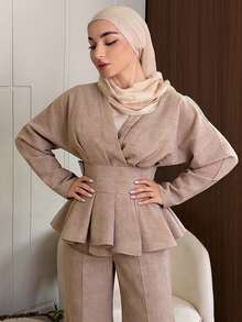 Livesso V-Neck Ruffle Hem Crop Top And Casual Pants 2 Pieces Set For Women - Coffee Brown - View 2