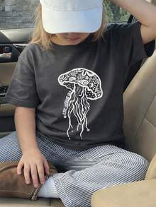 1件女童休闲水母印花圆领短袖T恤，夏季学生童装 - 深灰色 - 查看 2