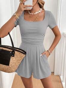 Summer Rompers For Women Short Sleeve Shirt Knit Shorts One Piece Jumpsuit Casual Beach Vacation Clothes - 灰色 - 查看 3